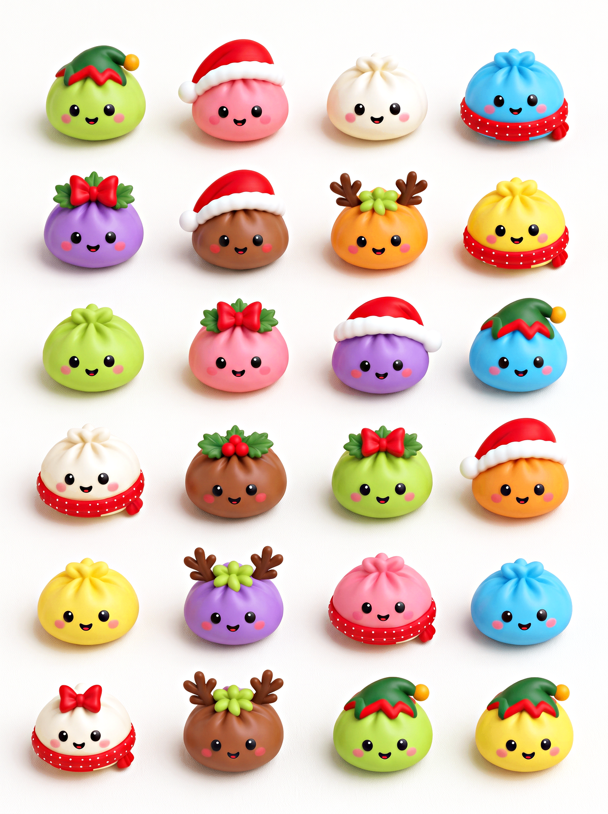Les 24 squishy de Noël du Calendrier Squishy, alignés sur fond blanc