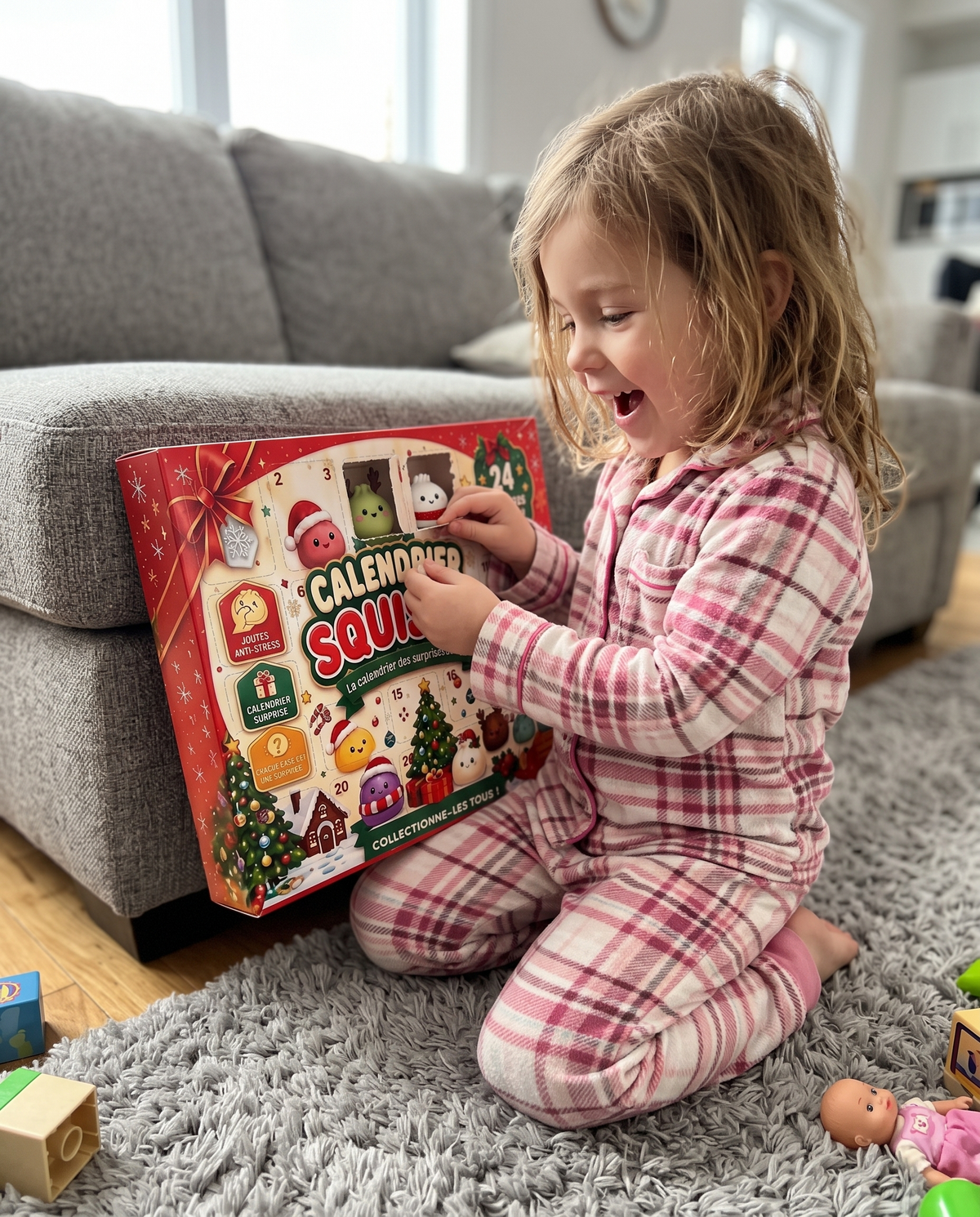 Petite fille en pyjama qui ouvre une case du calendrier de l'Avent squishy