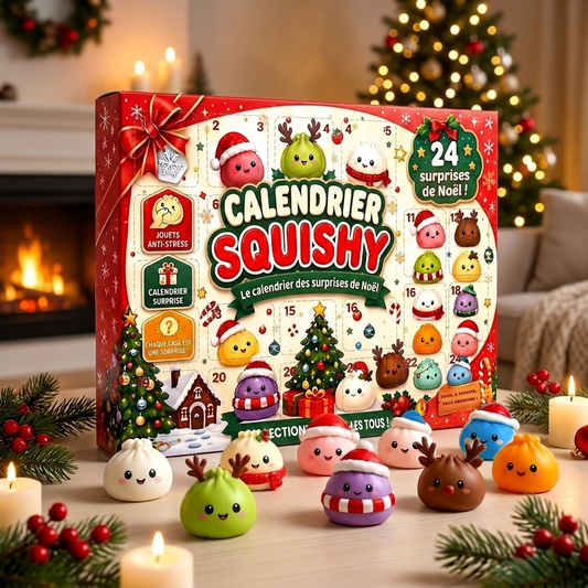 Calendrier de l'Avent Squishy avec 24 cases et des squishy de Noël devant la boîte