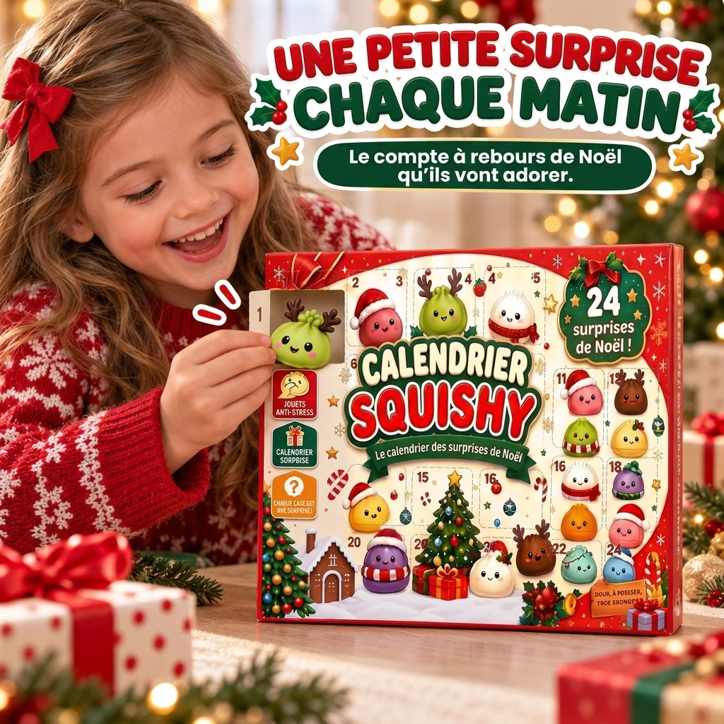 Petite fille qui ouvre la première case du Calendrier de l'Avent Squishy