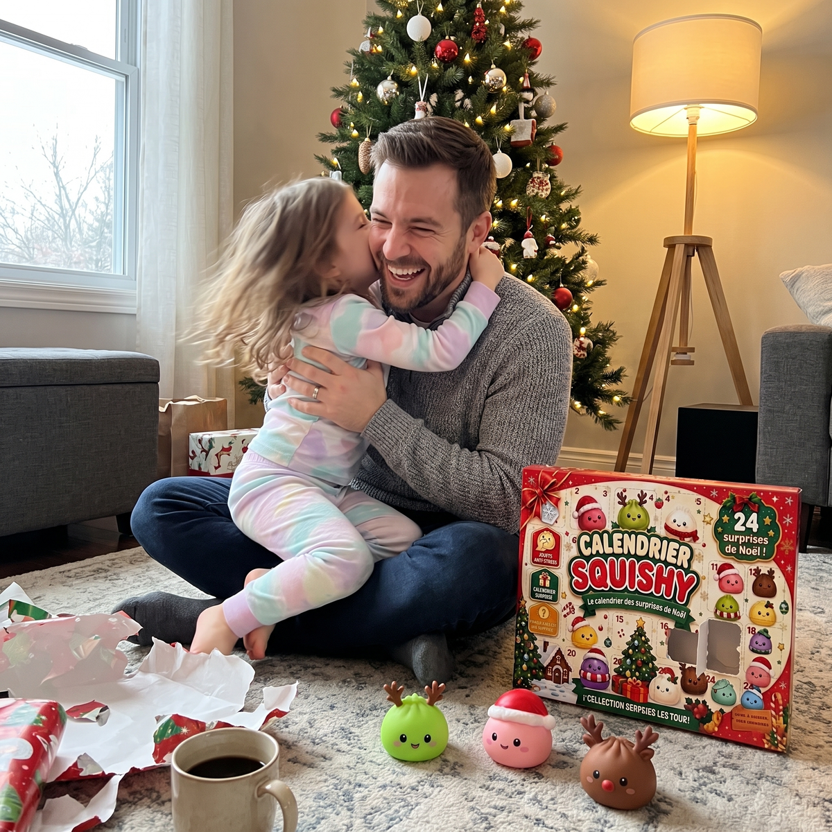 Petite fille qui saute dans les bras de son papa le matin de Noël, à côté du Calendrier de l'Avent Squishy