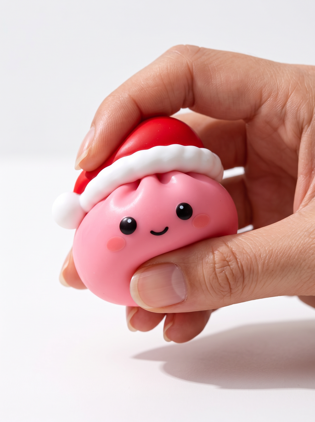 Une main presse un squishy rose au bonnet de Père Noël